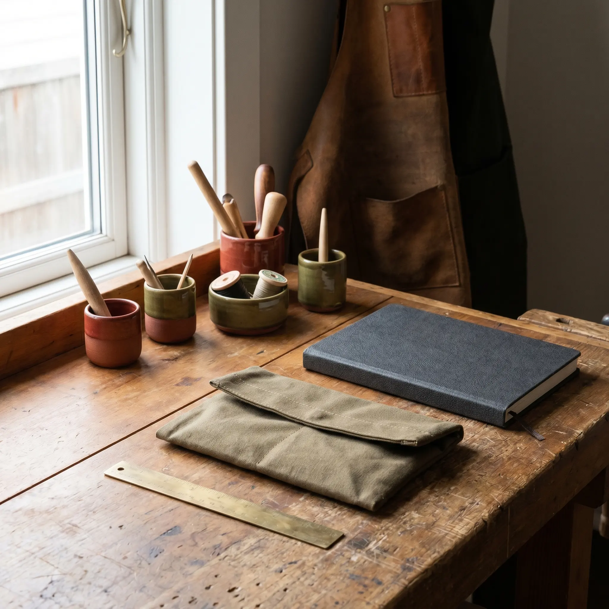 A compact Mepoa workbench with blank cards, a pouch, and small organizing tools