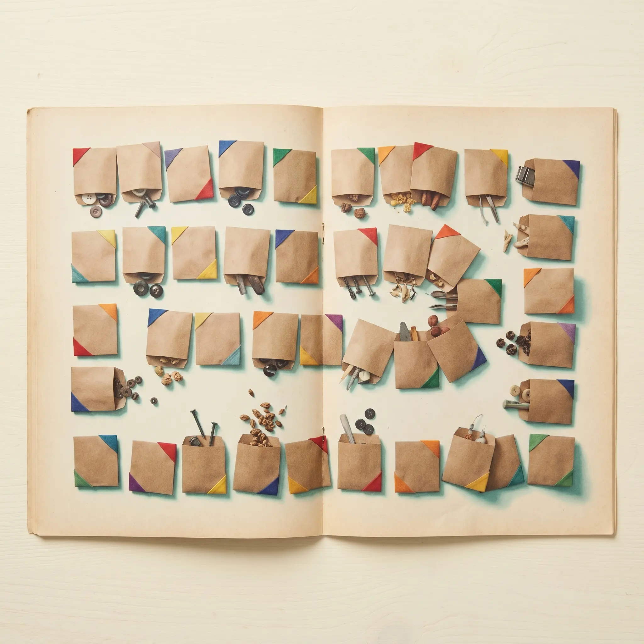 Small blank paper pouches arranged as a Mepoa catalogue of daily provisions