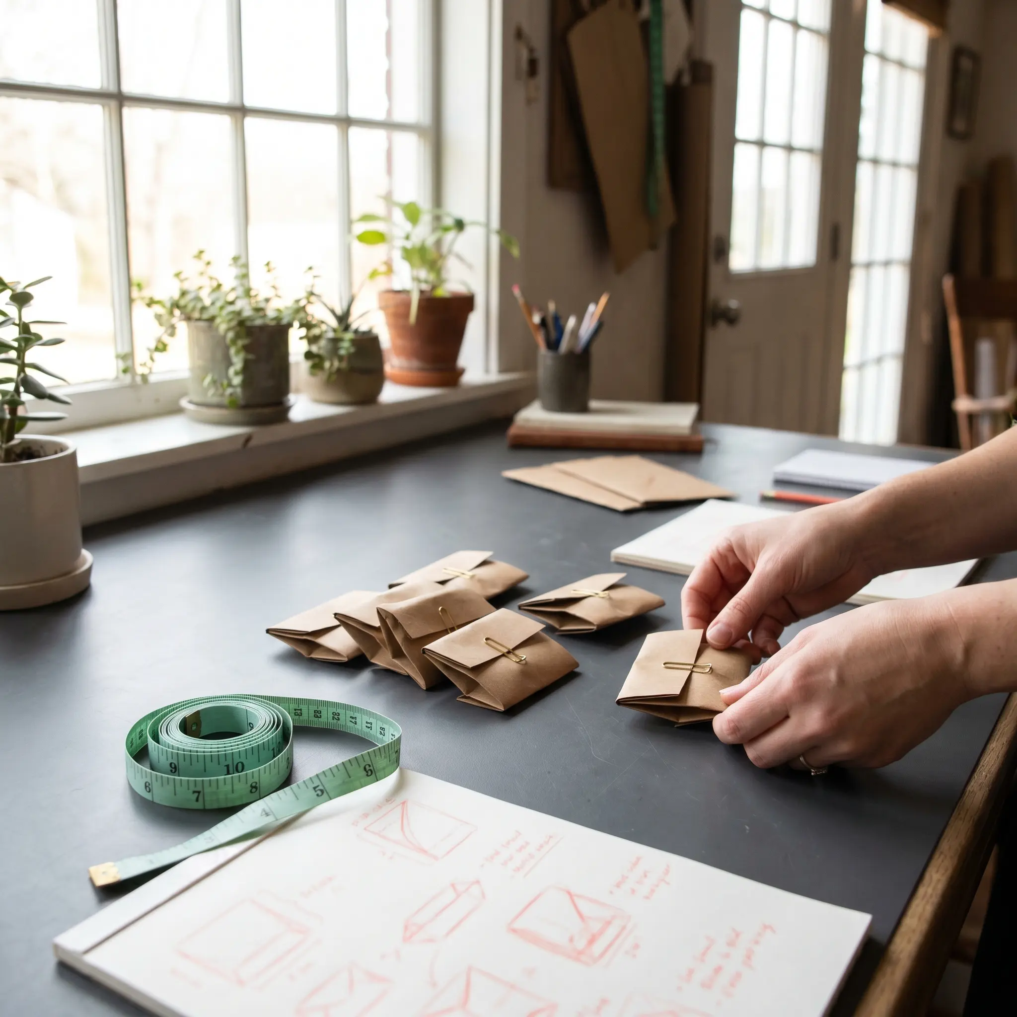 Folded provision packets and small planning objects on a Mepoa studio table